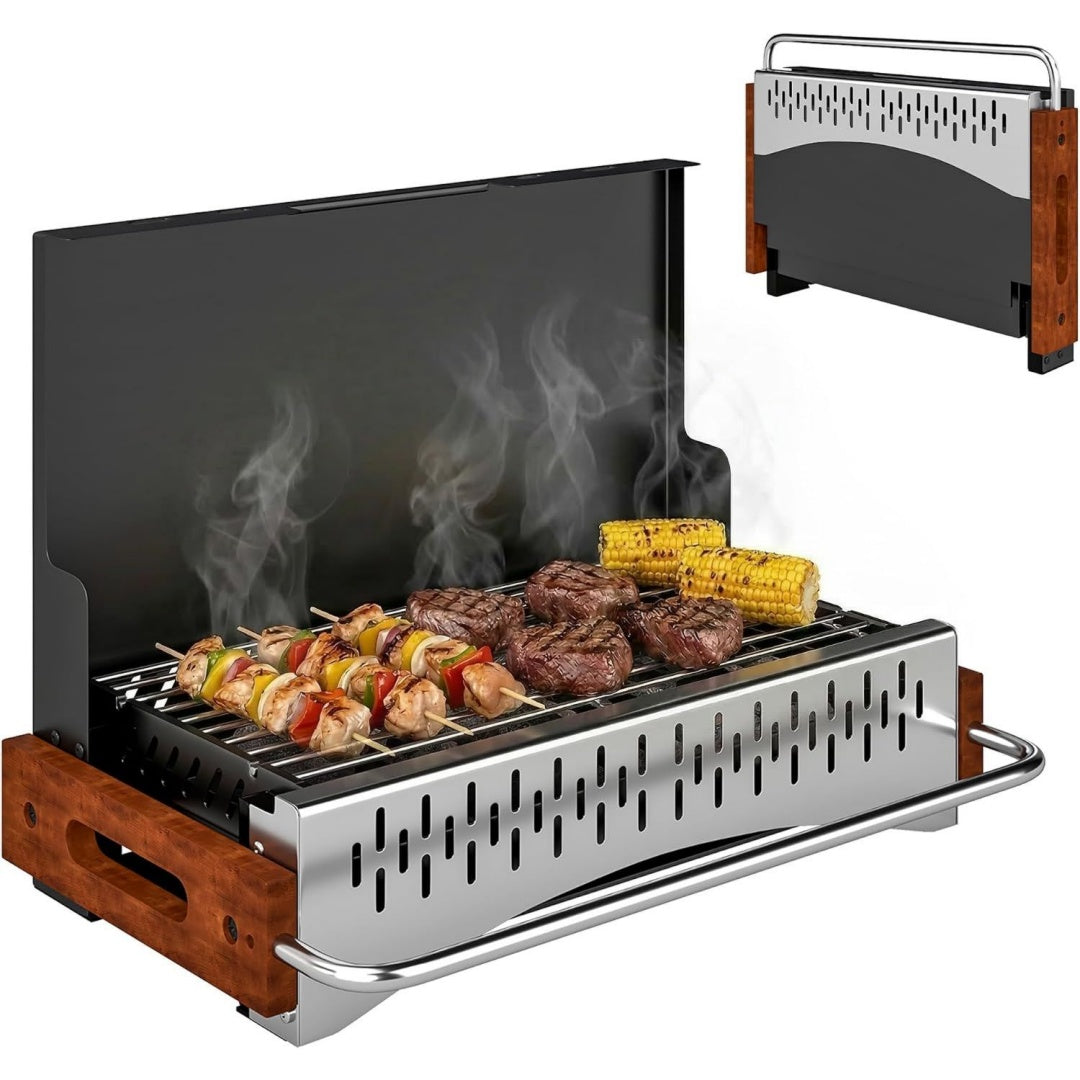 Barbecue a carbone pieghevole con struttura in acciaio nero per spazi esterni