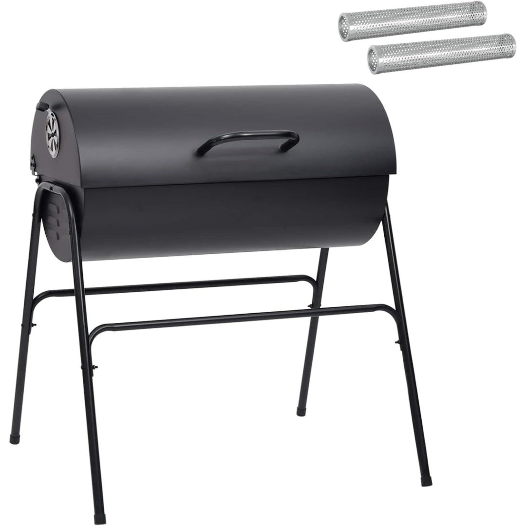Barbecue a carbone con struttura in acciaio nero per spazi esterni
