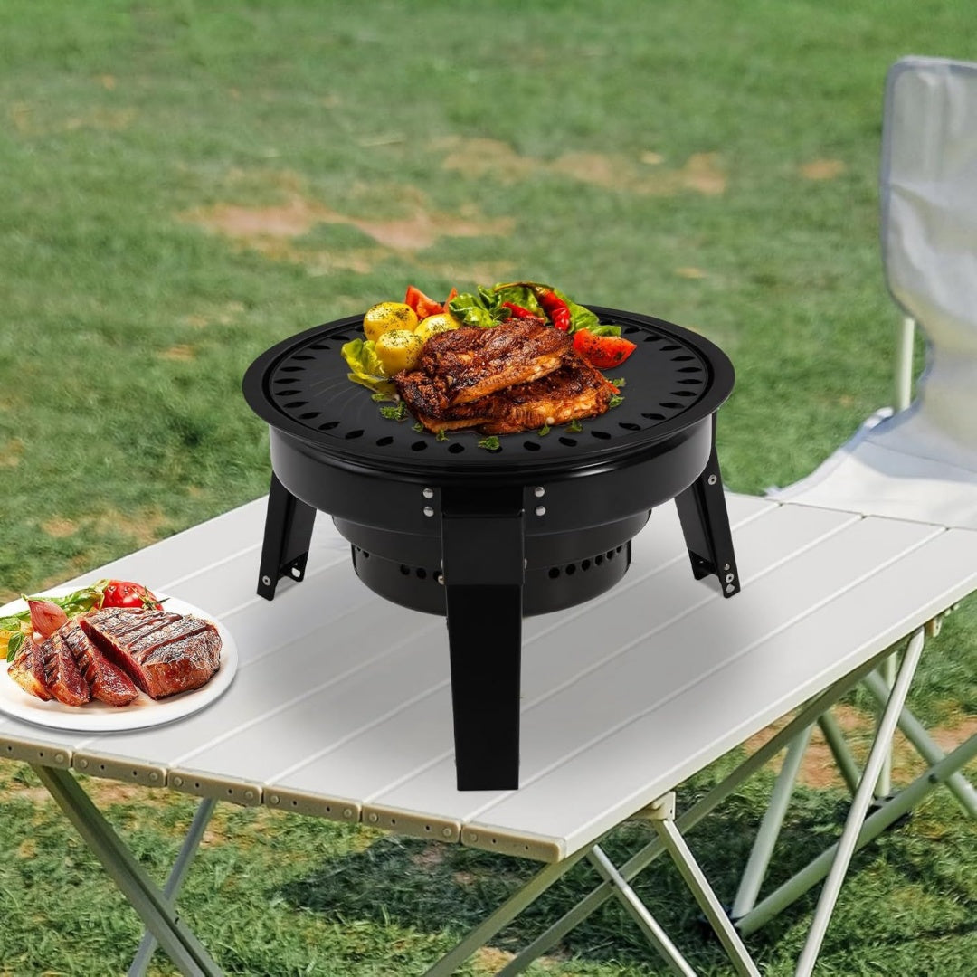 Barbecue a carbone pieghevole regolabile nero con design versatile pieghevole